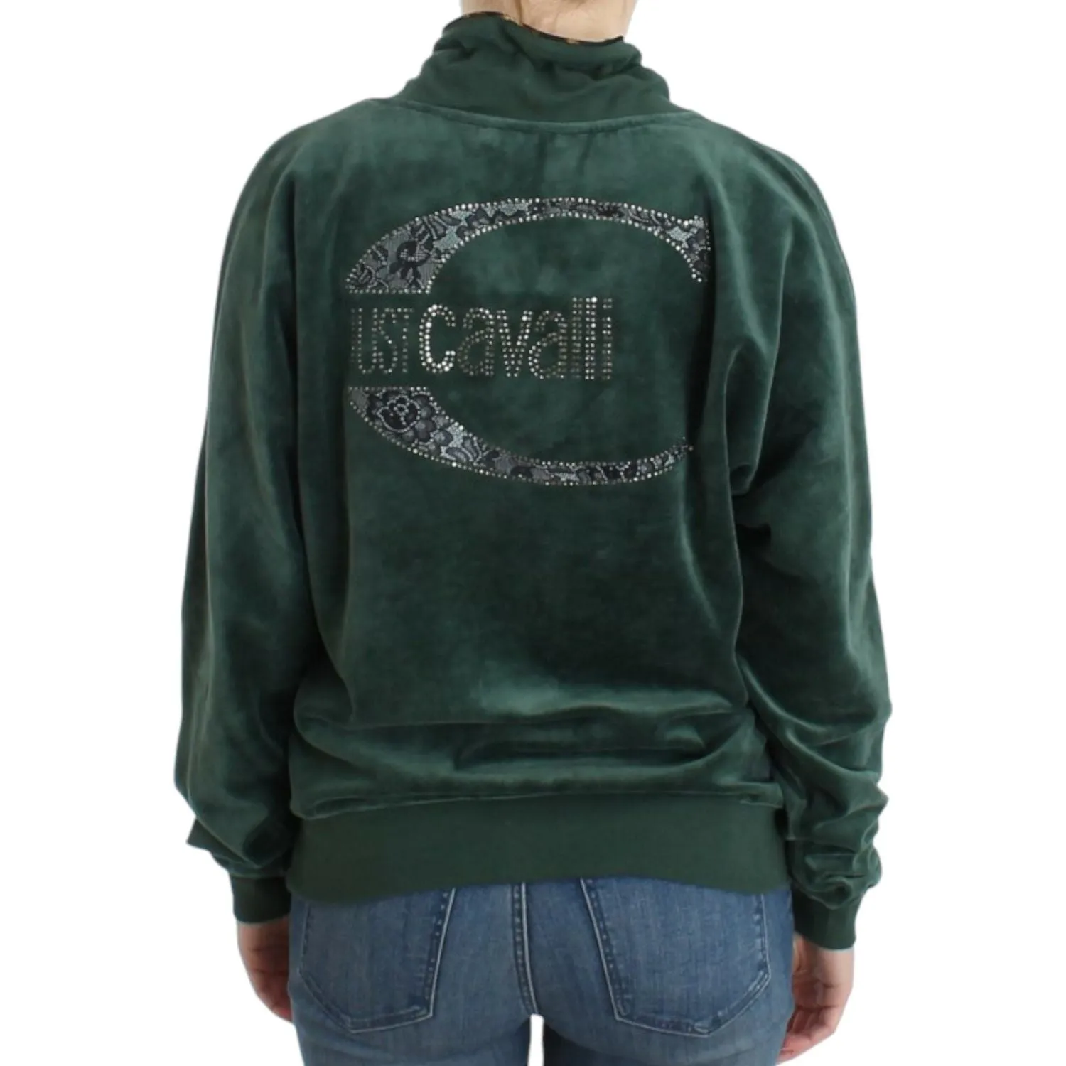 Cavalli Elegant Green Mock Sweater with Rhinestone Detail