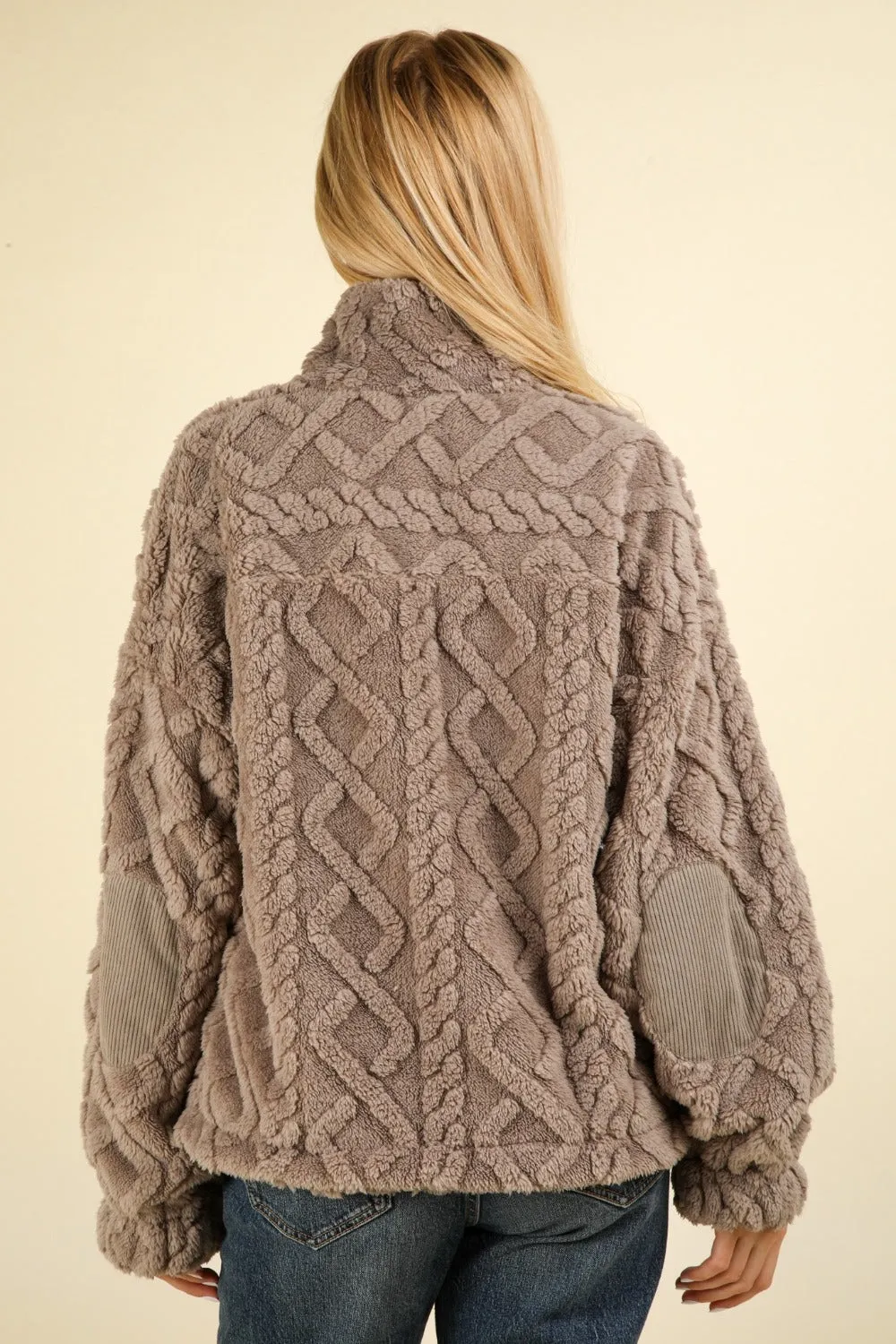 Charcoal Cozy Fuzzy Fleece Half Zip Cable Pattern Sweatshirt