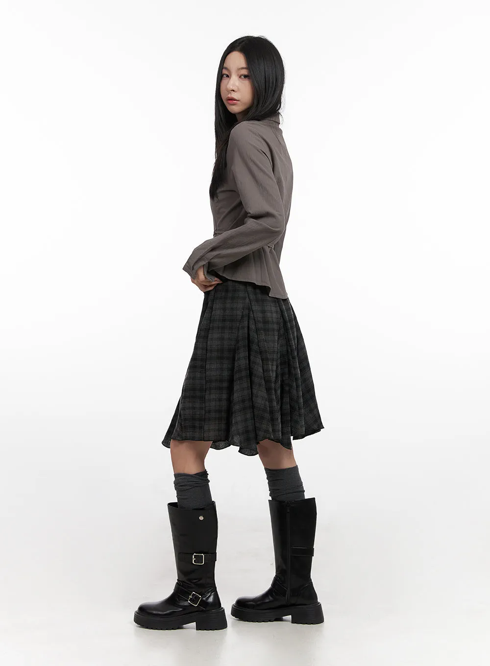 Checkered Pleated Midi Skirt CN426