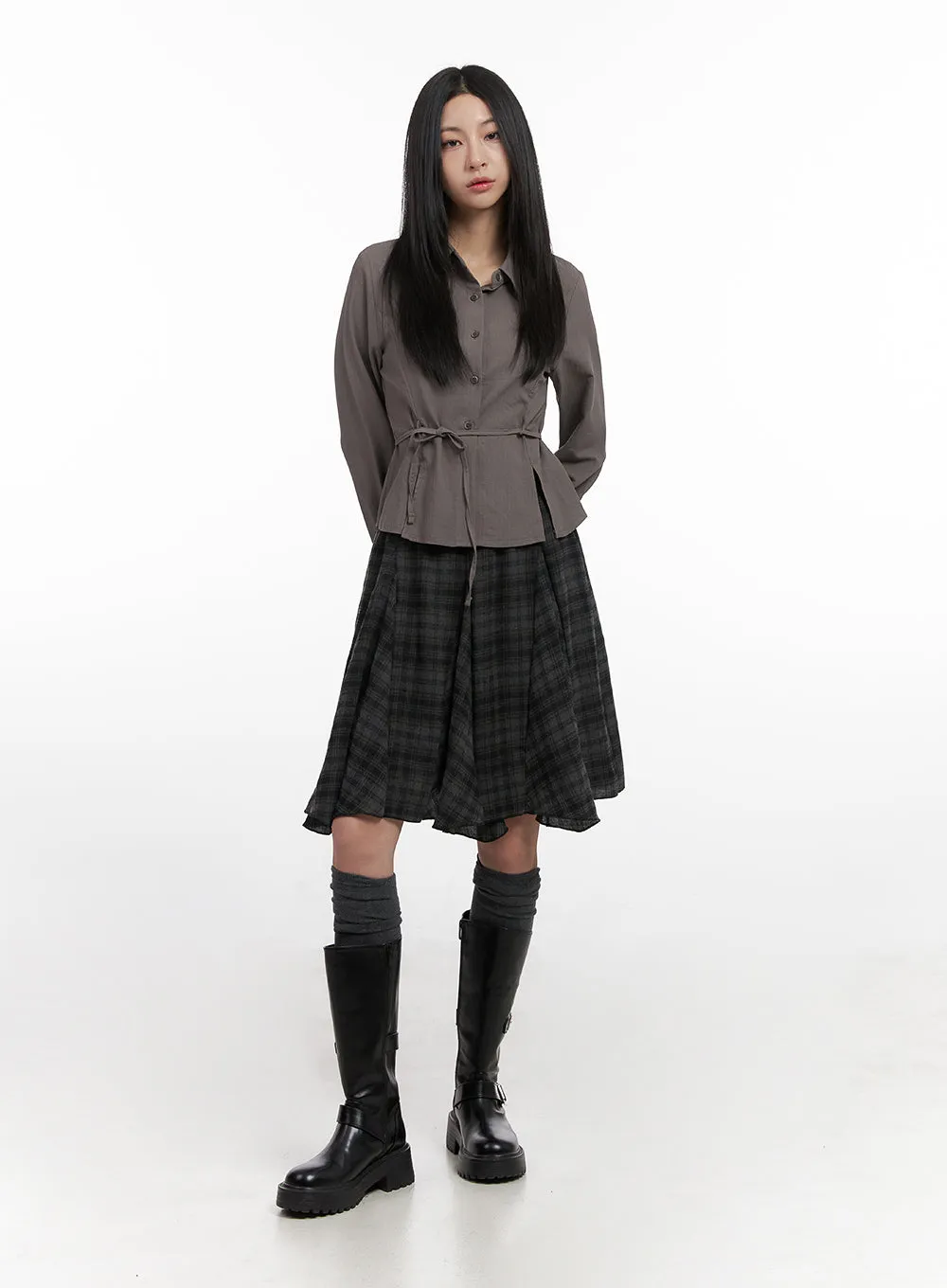 Checkered Pleated Midi Skirt CN426