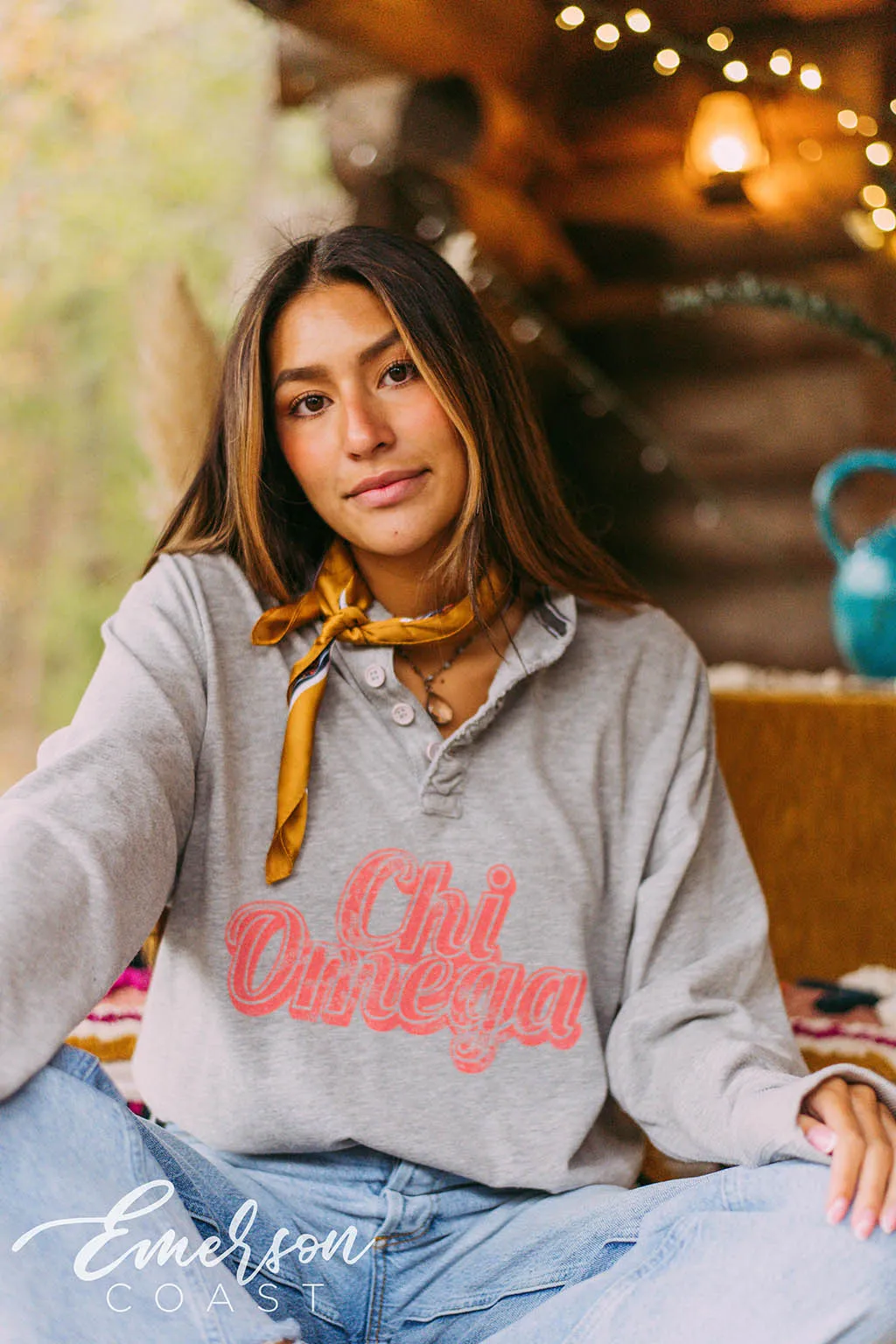 Chi Omega Retro Long Sleeve Henley