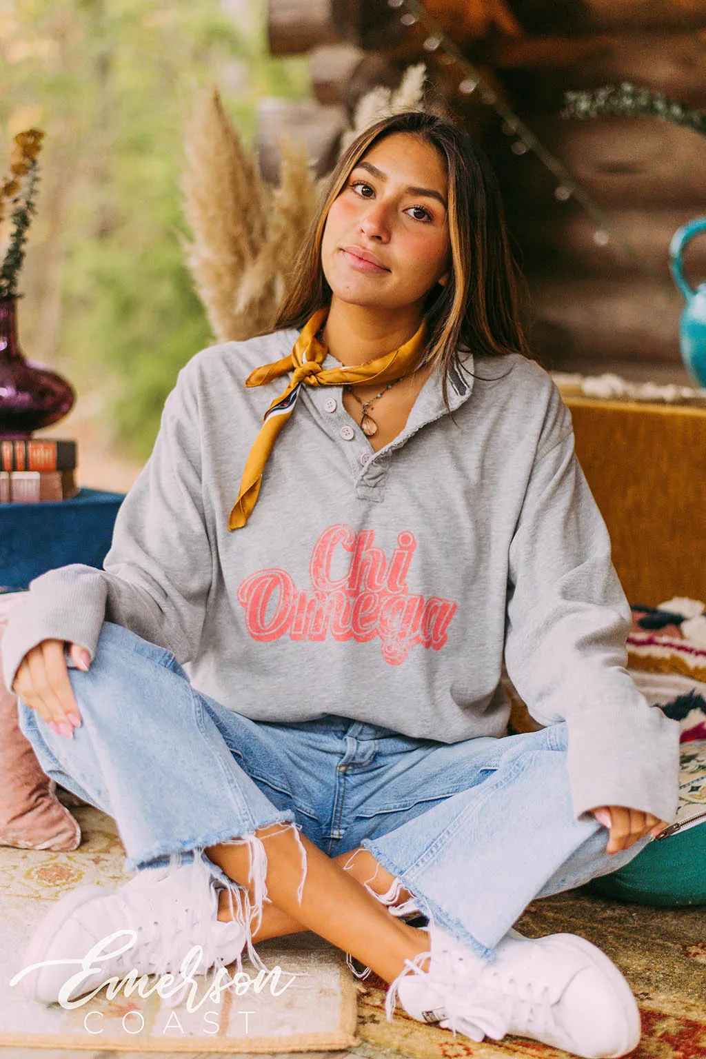 Chi Omega Retro Long Sleeve Henley