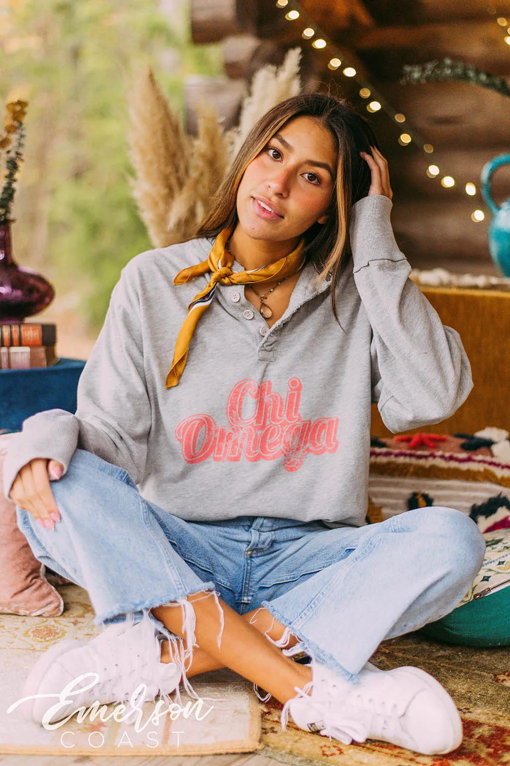 Chi Omega Retro Long Sleeve Henley