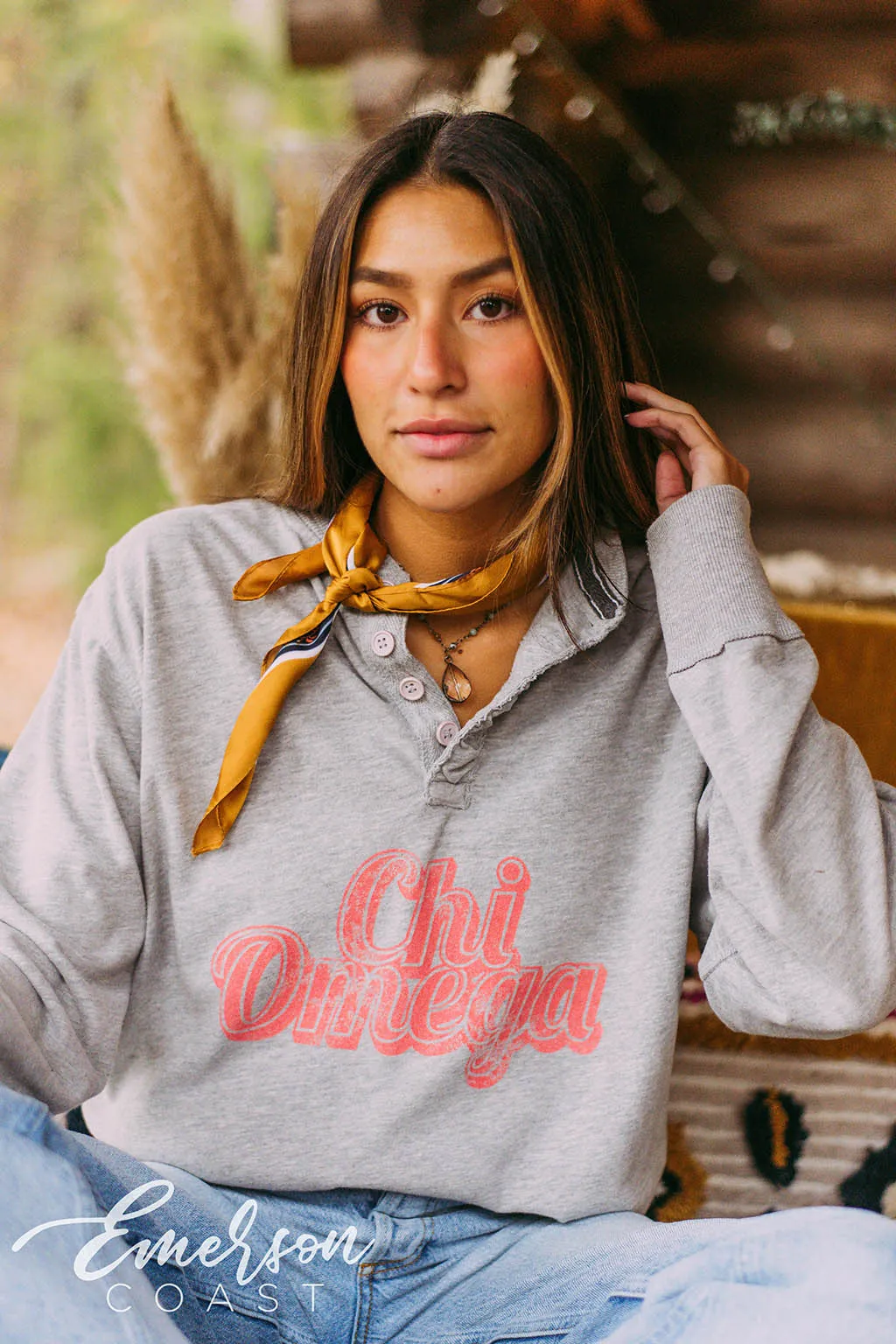 Chi Omega Retro Long Sleeve Henley