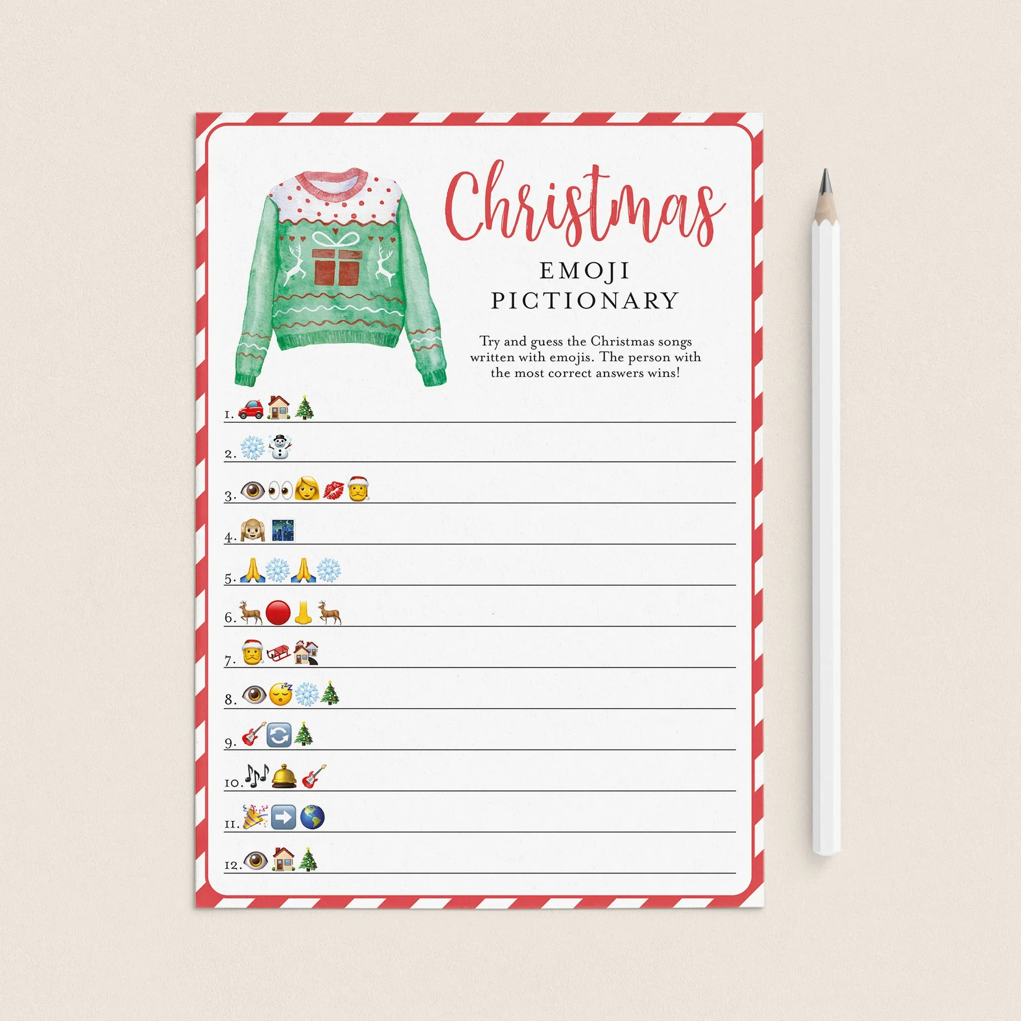 Christmas Carol Emoji Pictionary Game Ugly Sweater Party