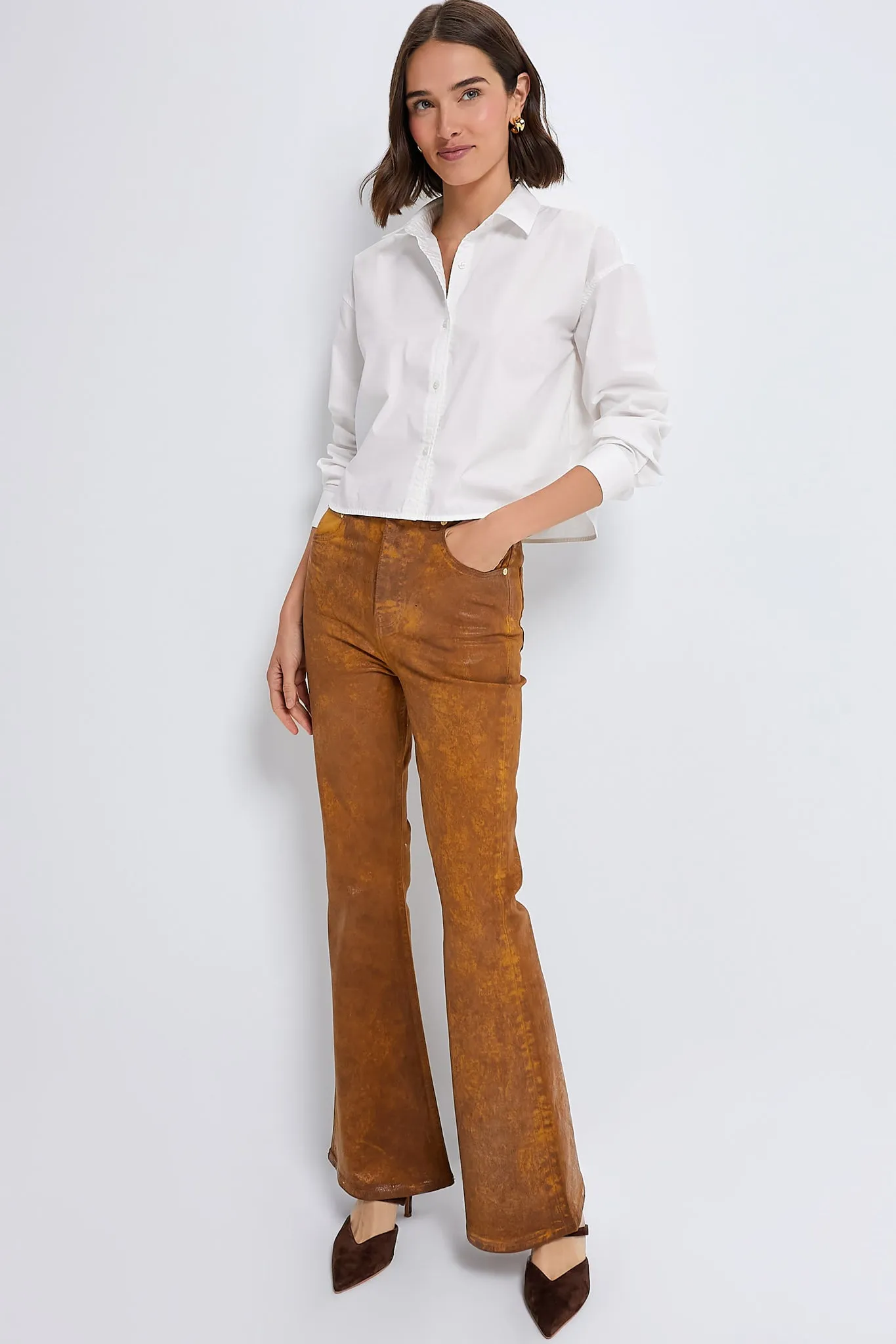 Cognac Foil Overdyed Denim Flare Jeans