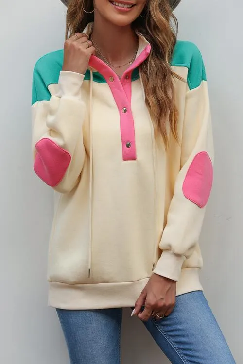 Color Block Half Snap Drawstring Sweatshirt