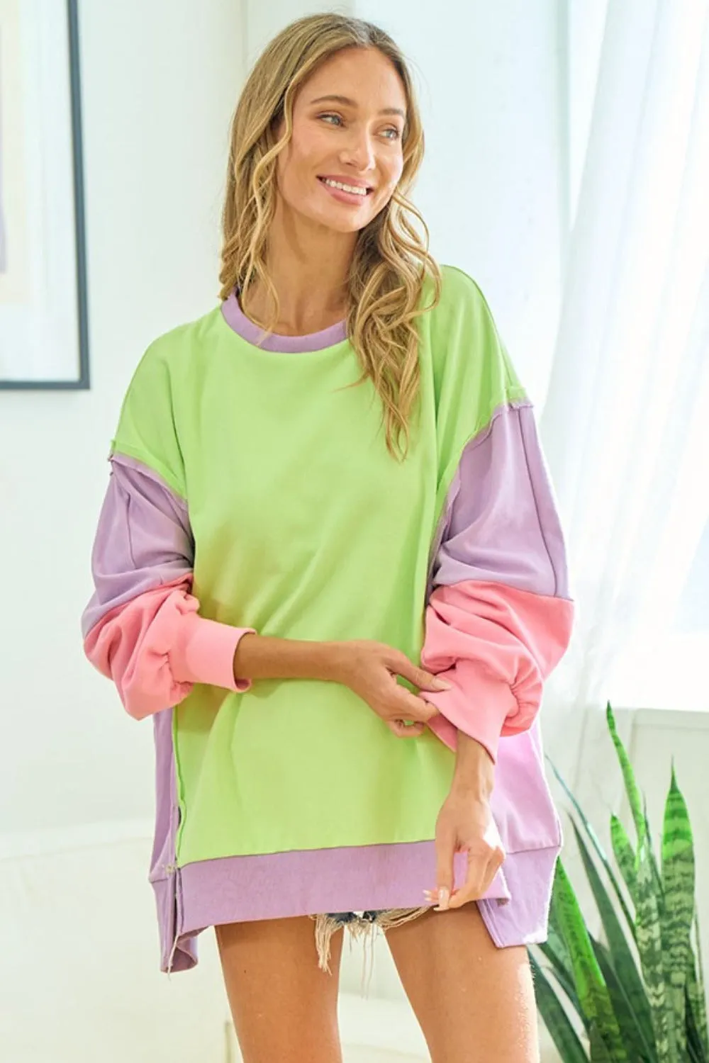 Color Block Long Sleeve Slit Sweatshirt