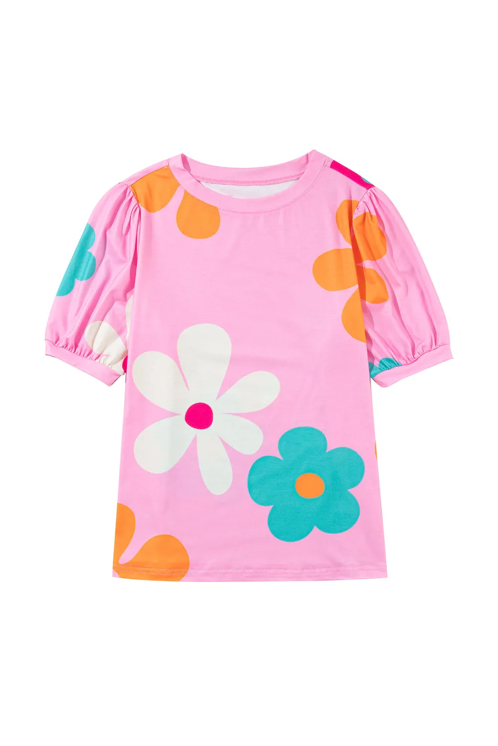 Colorful Flower Print Bubble Sleeve Tee – A Blooming Burst of Style