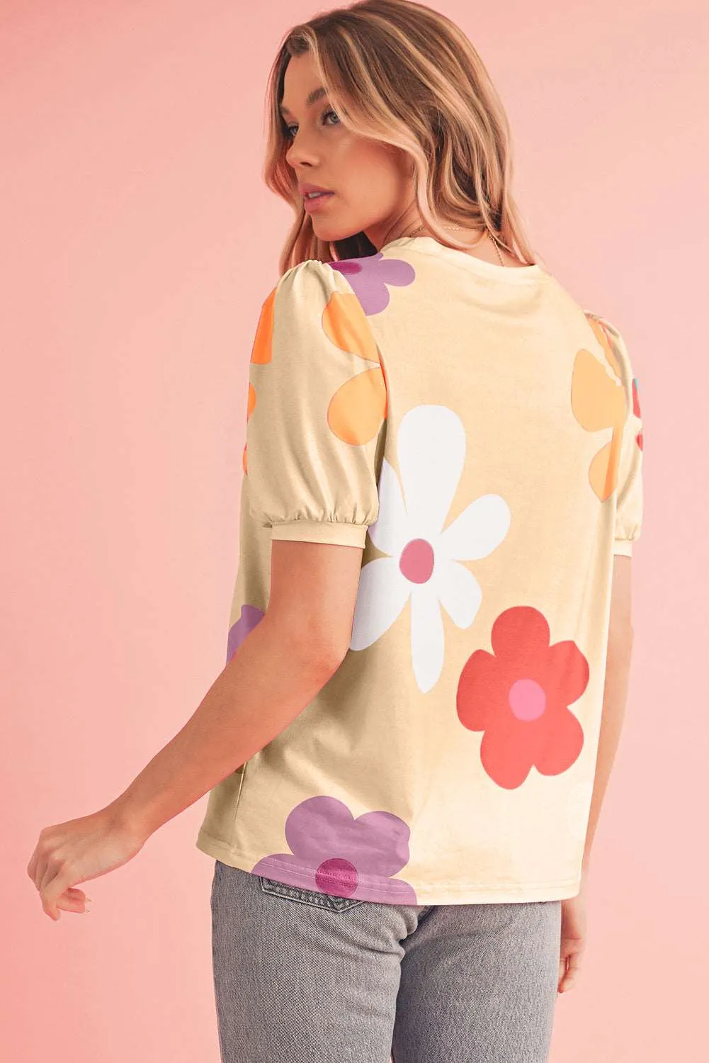 Colorful Flower Print Bubble Sleeve Tee – A Blooming Burst of Style