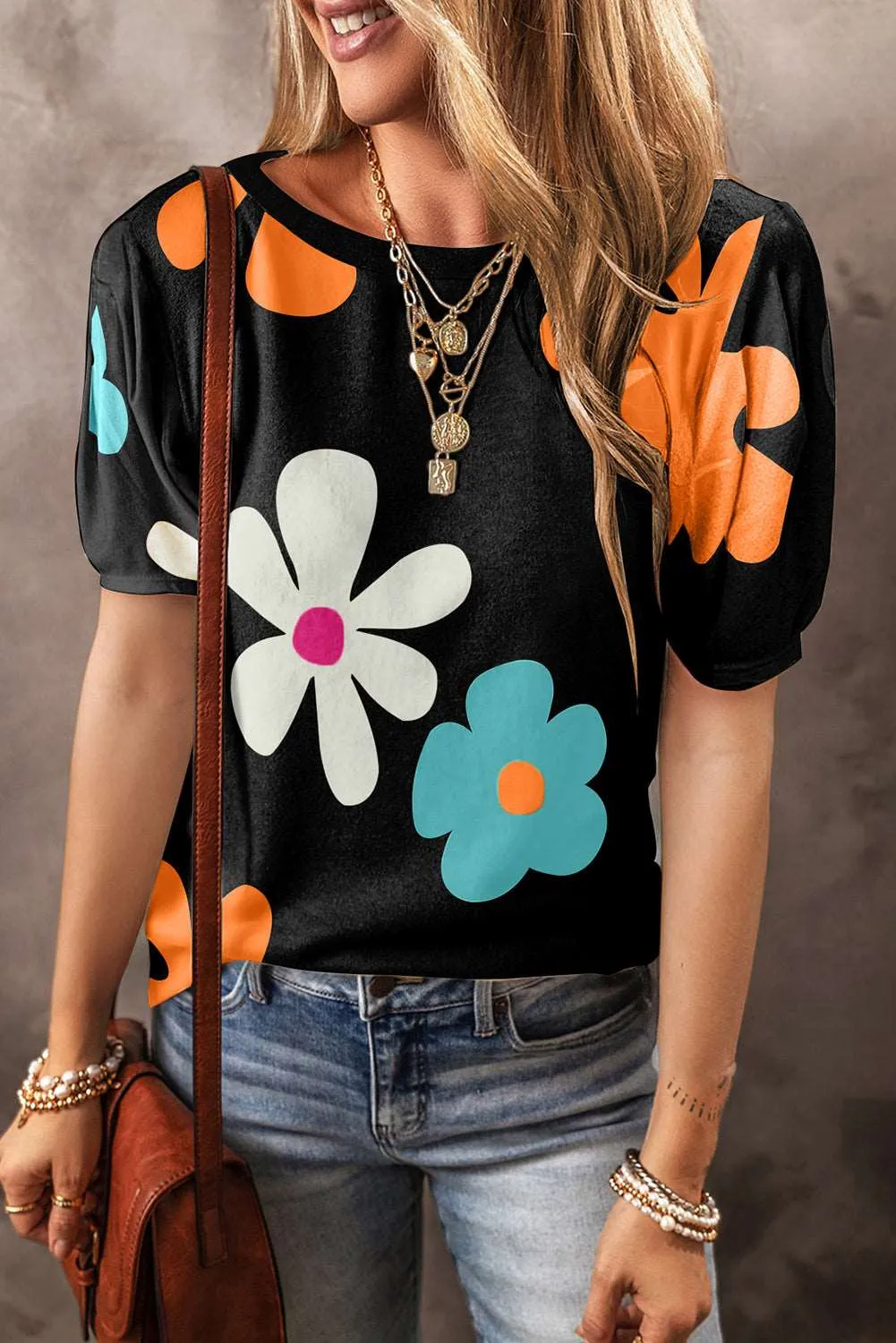 Colorful Flower Print Bubble Sleeve Tee – A Blooming Burst of Style