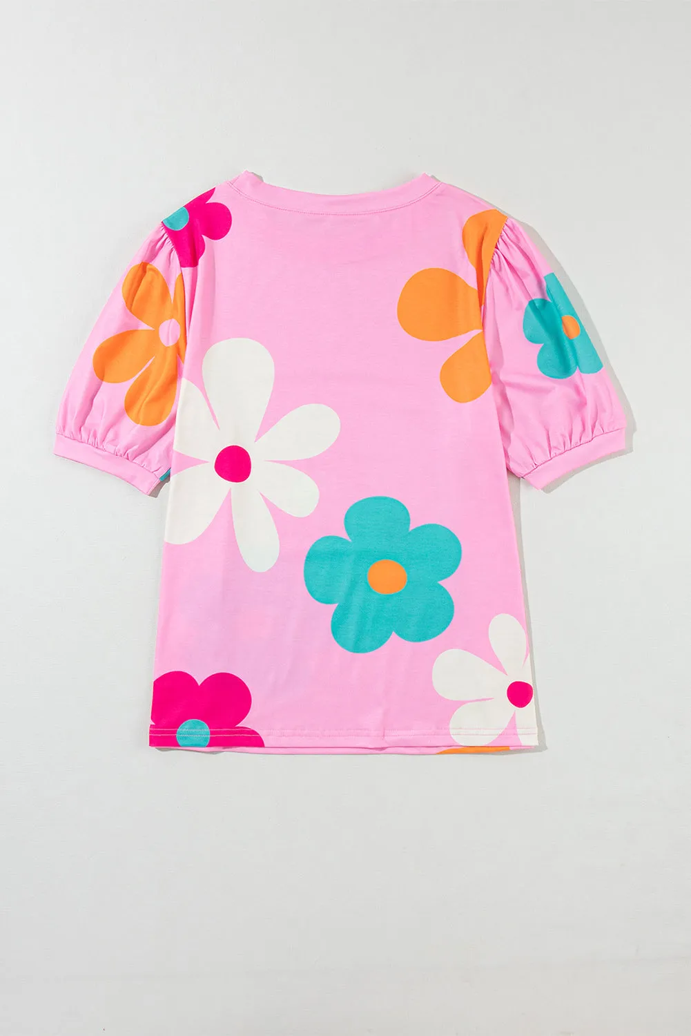 Colorful Flower Print Bubble Sleeve Tee – A Blooming Burst of Style