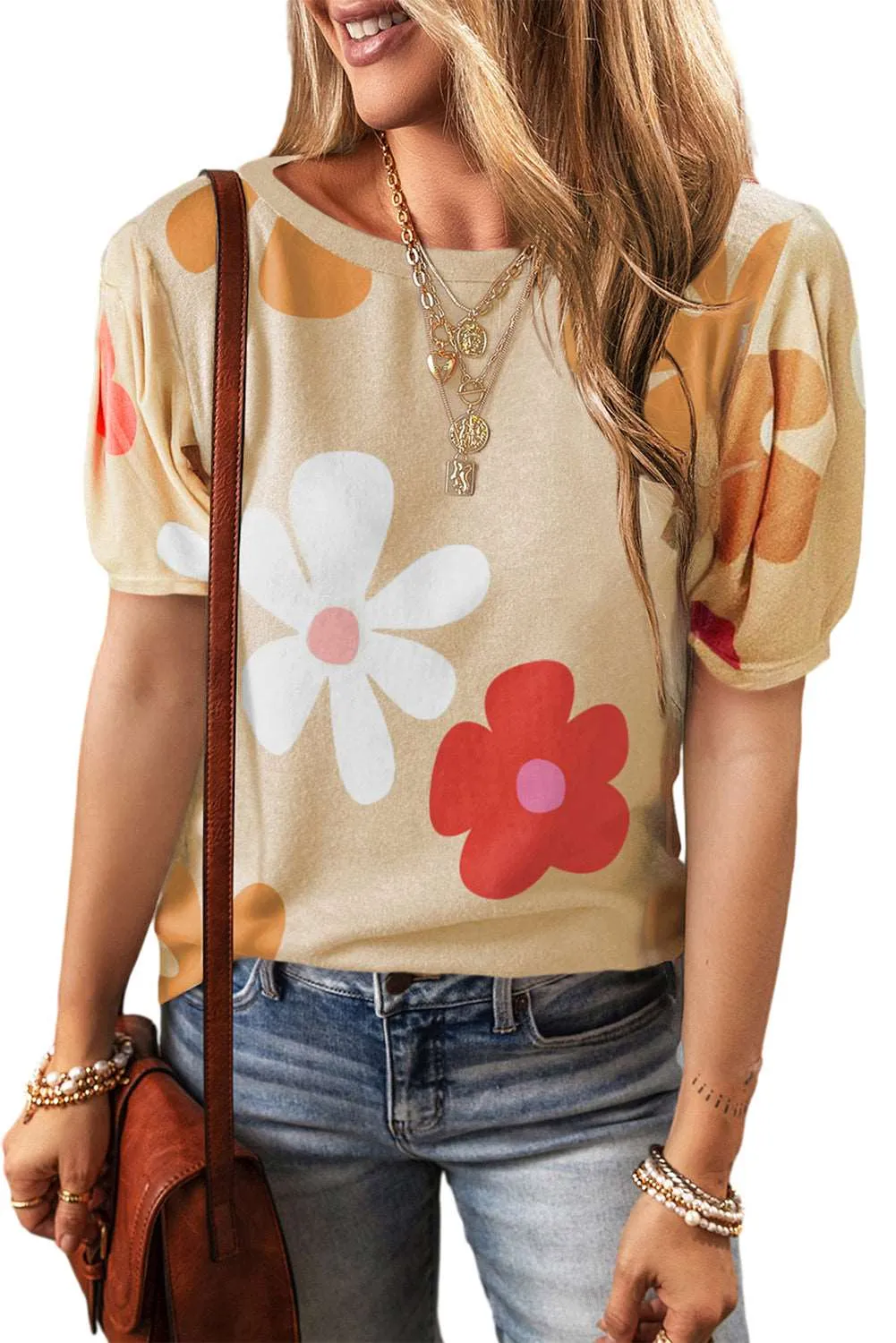 Colorful Flower Print Bubble Sleeve Tee – A Blooming Burst of Style