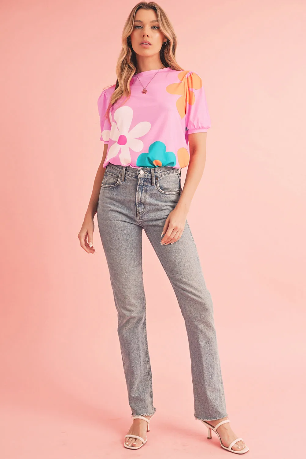 Colorful Flower Print Bubble Sleeve Tee – A Blooming Burst of Style