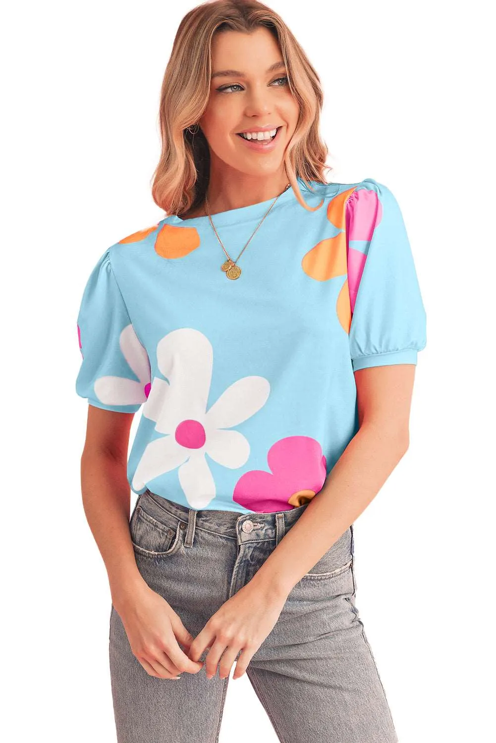 Colorful Flower Print Bubble Sleeve Tee – A Blooming Burst of Style