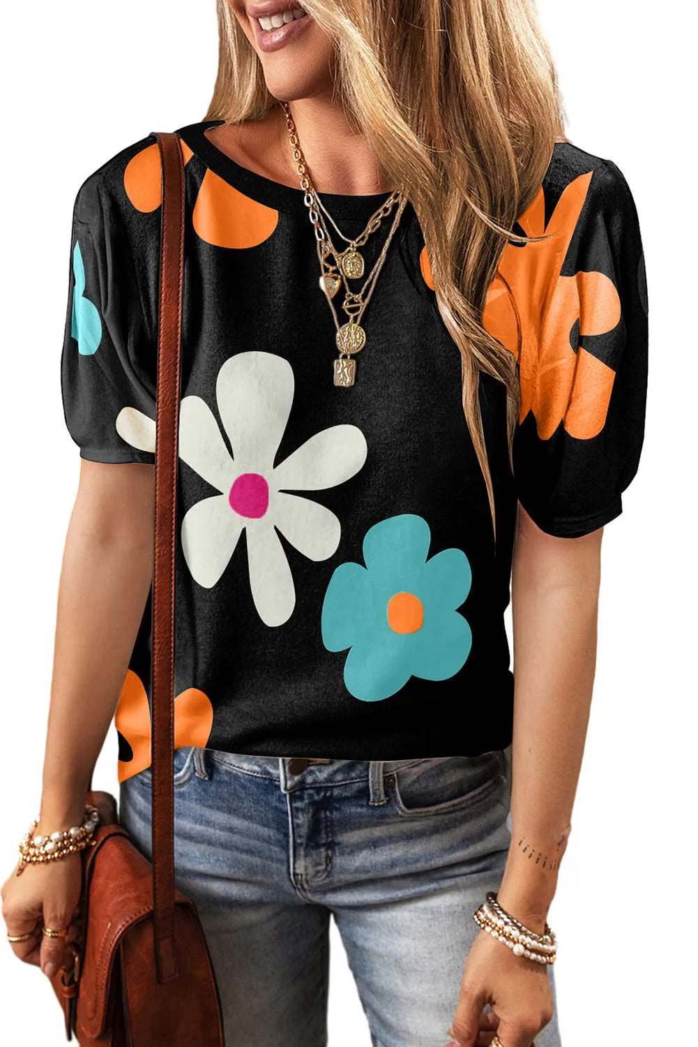 Colorful Flower Print Bubble Sleeve Tee – A Blooming Burst of Style