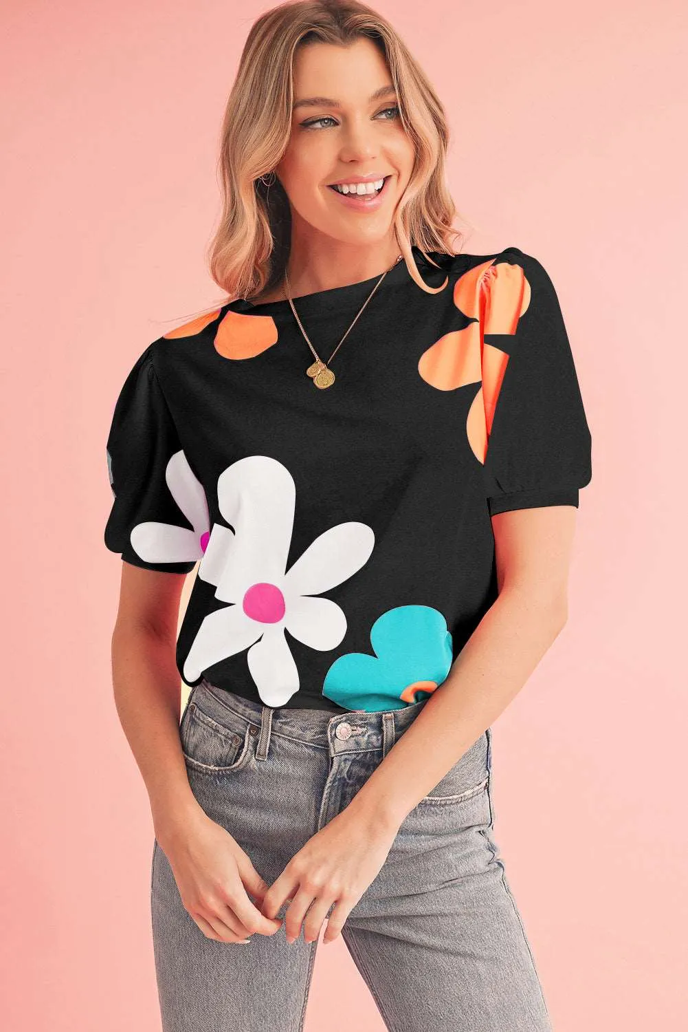 Colorful Flower Print Bubble Sleeve Tee – A Blooming Burst of Style