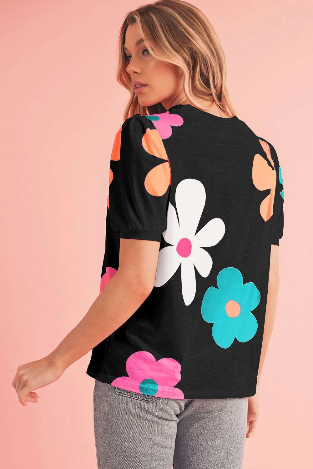 Colorful Flower Print Bubble Sleeve Tee – A Blooming Burst of Style