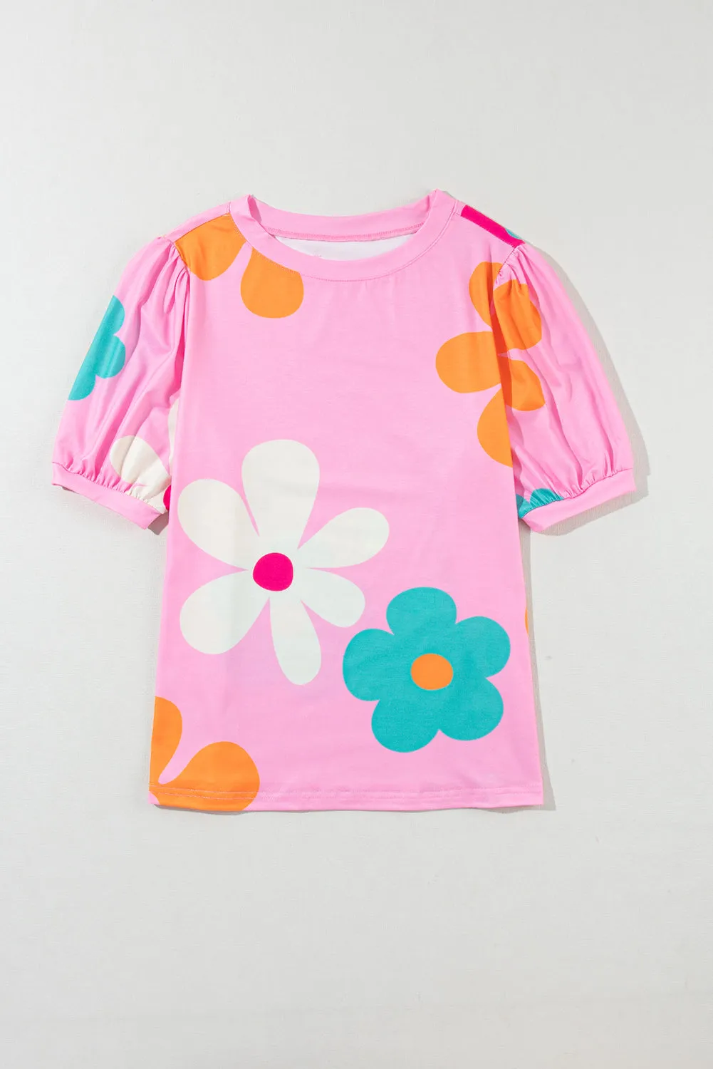 Colorful Flower Print Bubble Sleeve Tee – A Blooming Burst of Style