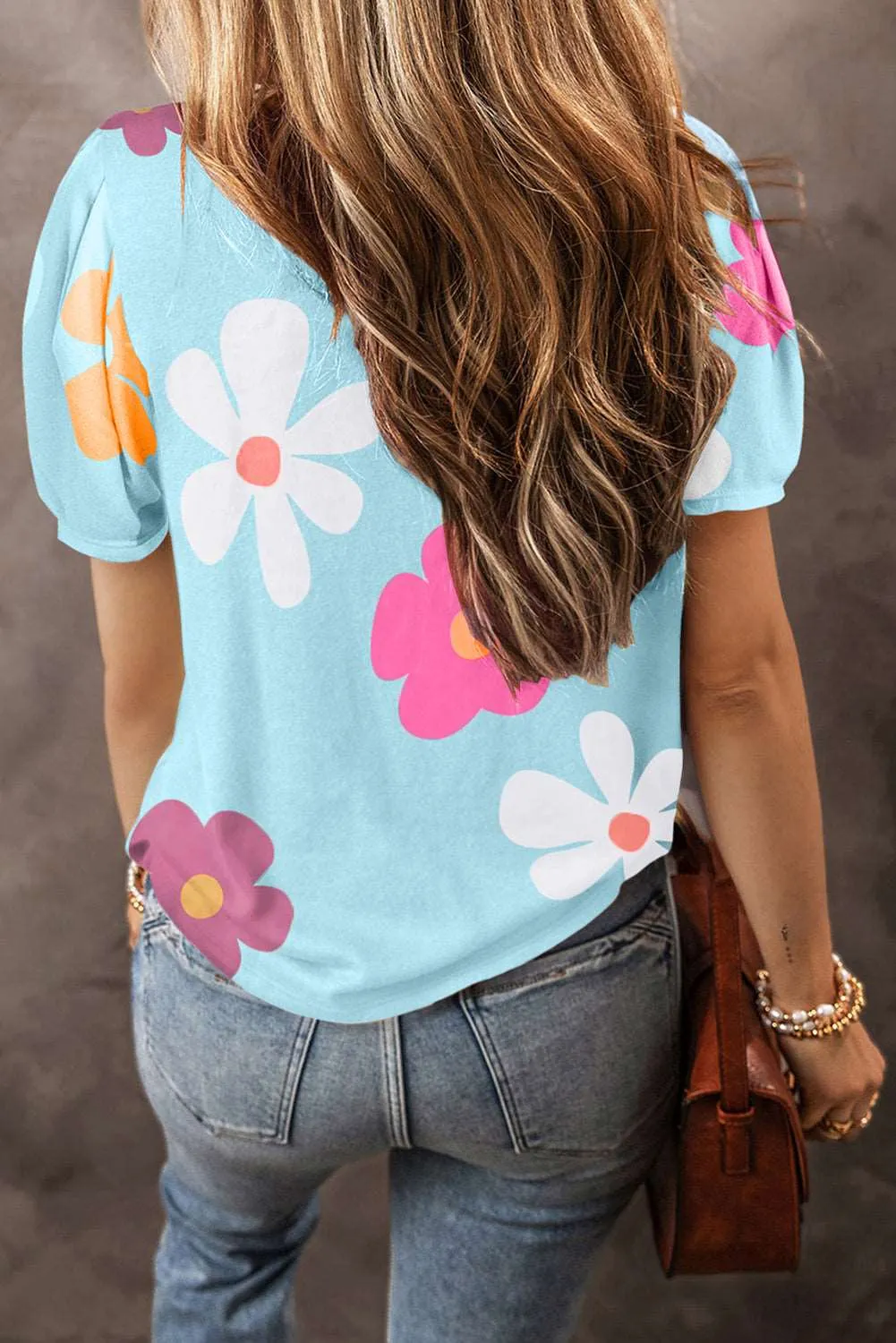 Colorful Flower Print Bubble Sleeve Tee – A Blooming Burst of Style