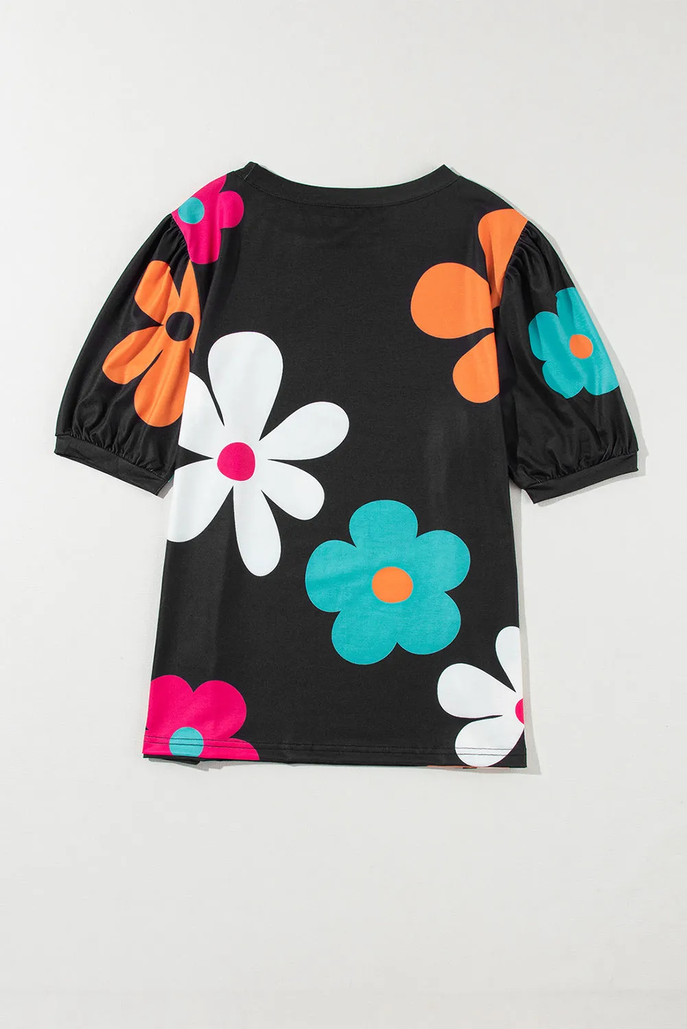 Colorful Flower Print Bubble Sleeve Tee – A Blooming Burst of Style