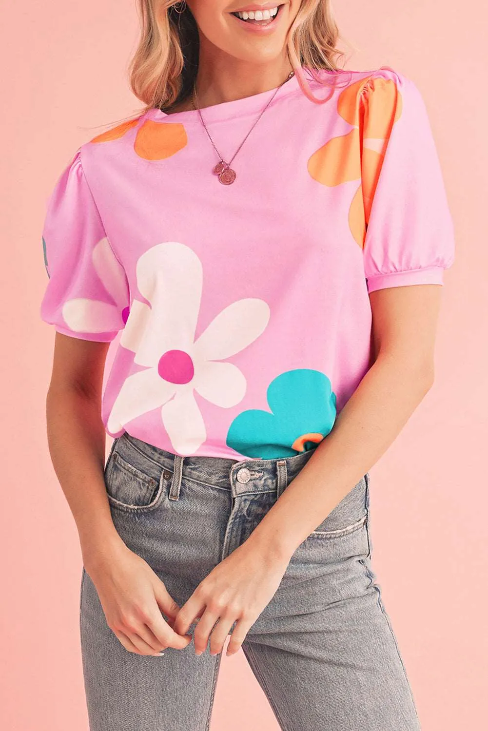 Colorful Flower Print Bubble Sleeve Tee – A Blooming Burst of Style