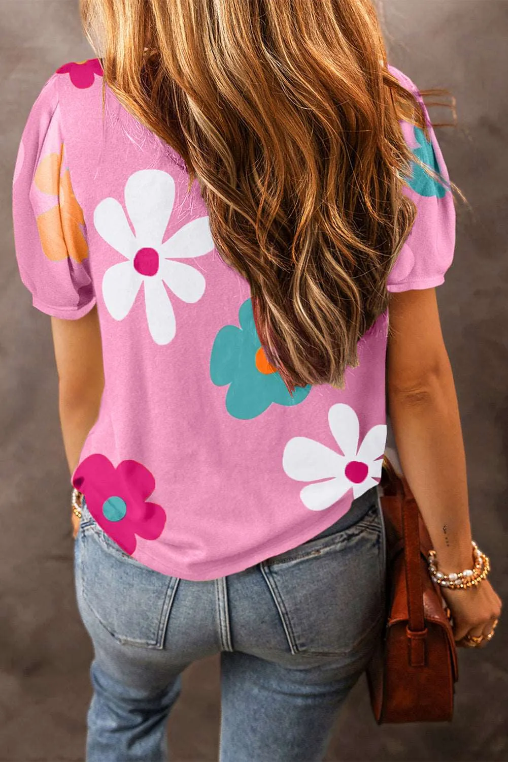 Colorful Flower Print Bubble Sleeve Tee – A Blooming Burst of Style