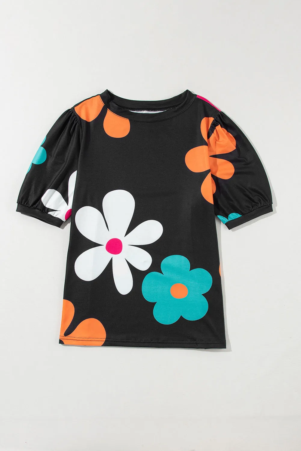 Colorful Flower Print Bubble Sleeve Tee – A Blooming Burst of Style