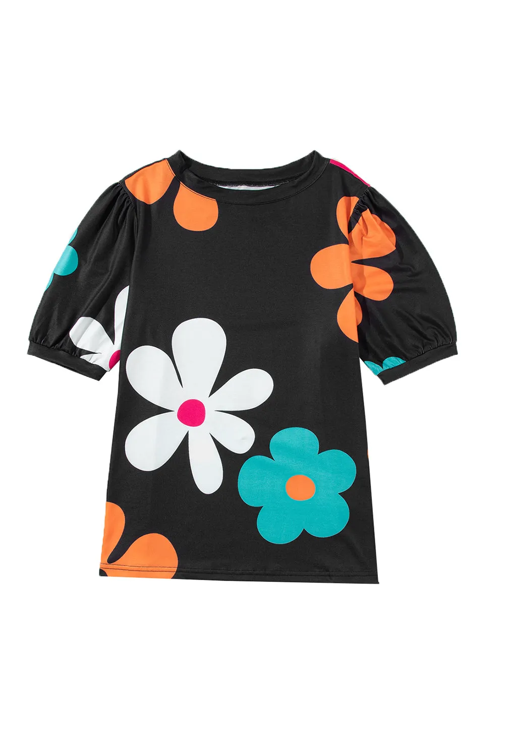 Colorful Flower Print Bubble Sleeve Tee – A Blooming Burst of Style