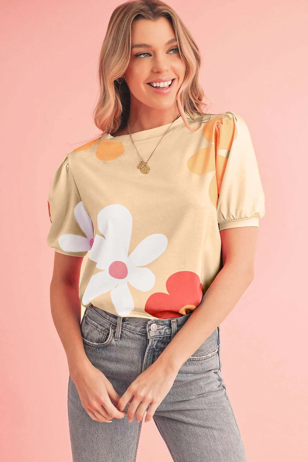 Colorful Flower Print Bubble Sleeve Tee – A Blooming Burst of Style