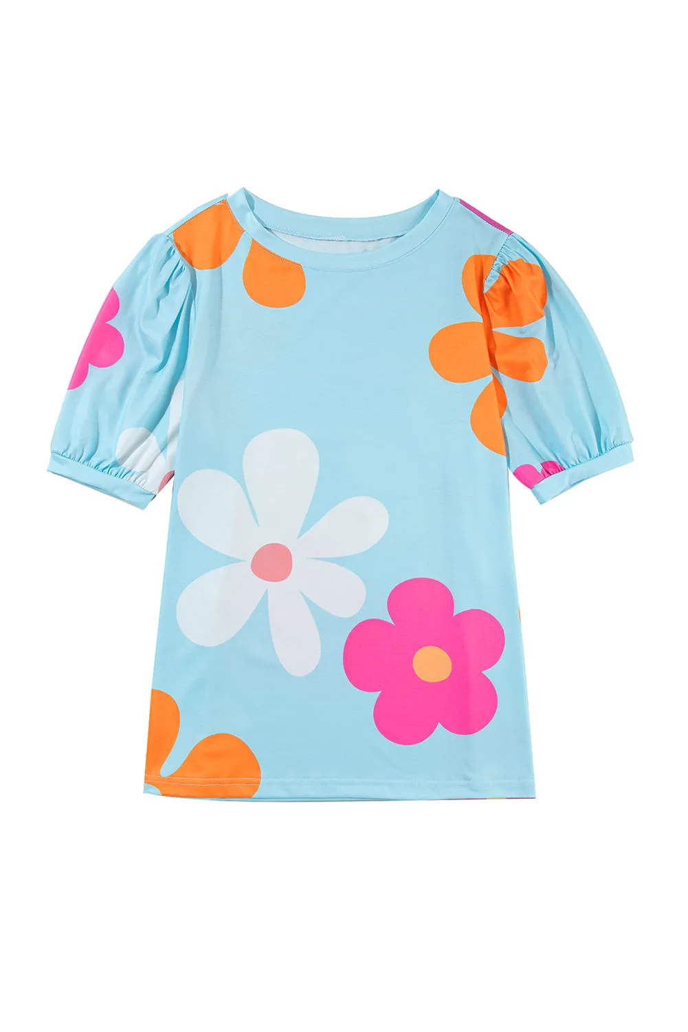 Colorful Flower Print Bubble Sleeve Tee – A Blooming Burst of Style