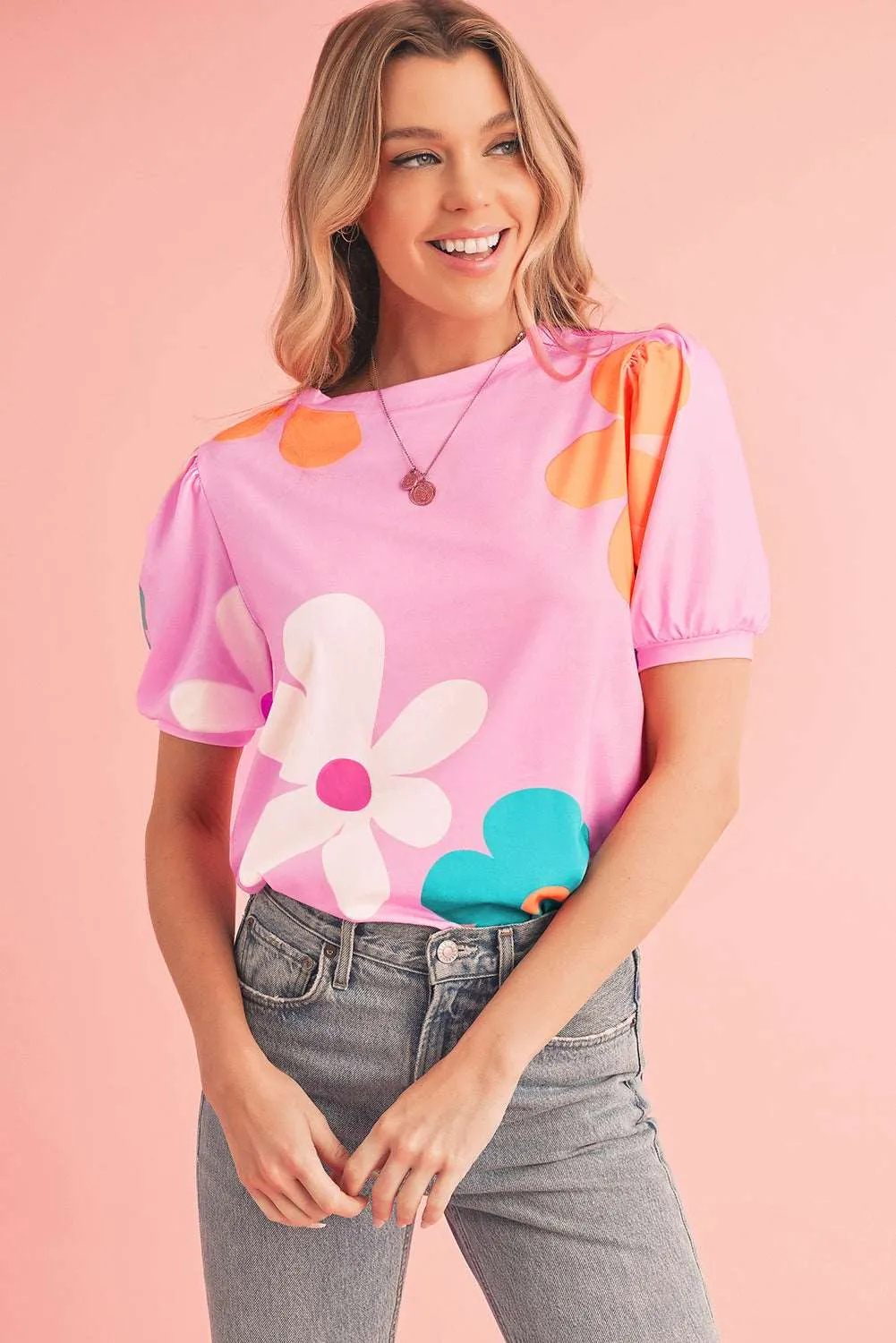 Colorful Flower Print Bubble Sleeve Tee – A Blooming Burst of Style