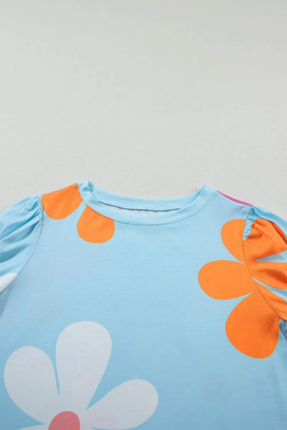 Colorful Flower Print Bubble Sleeve Tee – A Blooming Burst of Style