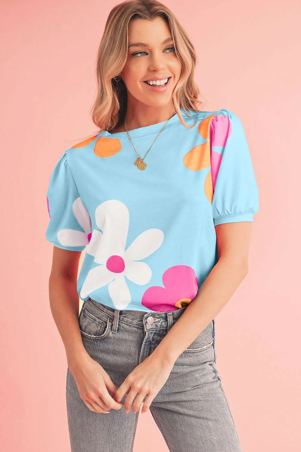 Colorful Flower Print Bubble Sleeve Tee – A Blooming Burst of Style