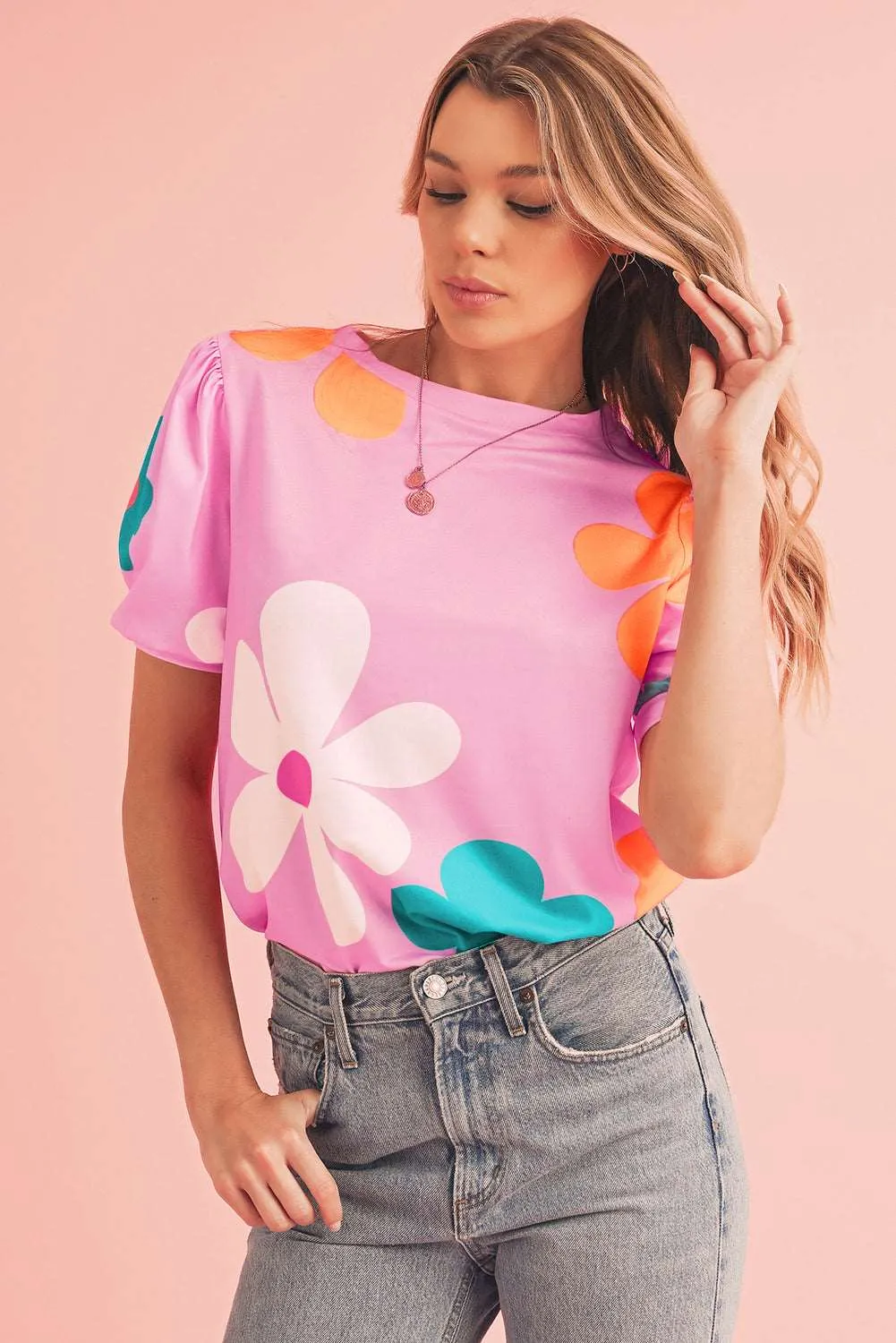 Colorful Flower Print Bubble Sleeve Tee – A Blooming Burst of Style