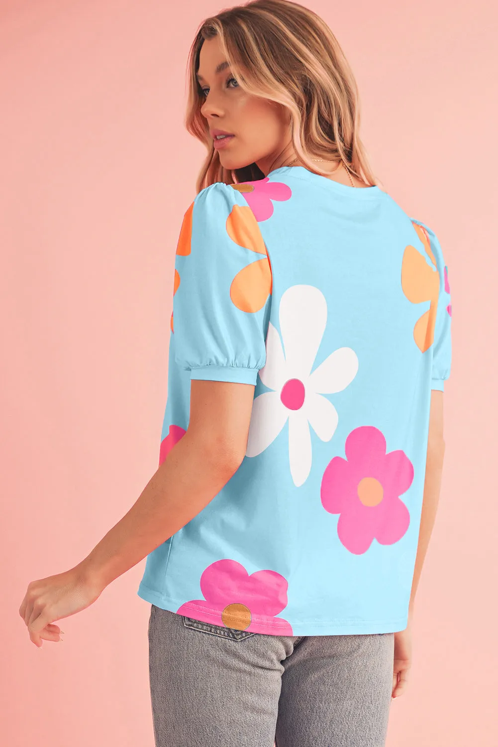 Colorful Flower Print Bubble Sleeve Tee – A Blooming Burst of Style