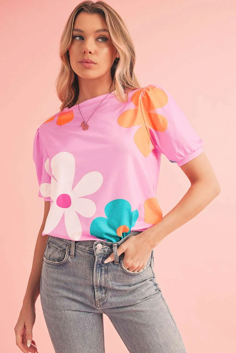 Colorful Flower Print Bubble Sleeve Tee – A Blooming Burst of Style