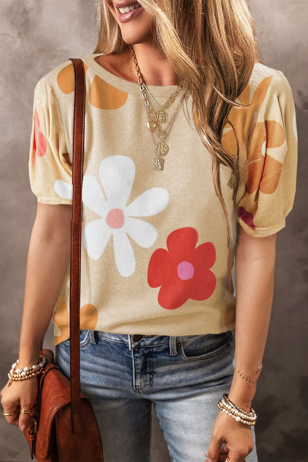 Colorful Flower Print Bubble Sleeve Tee – A Blooming Burst of Style