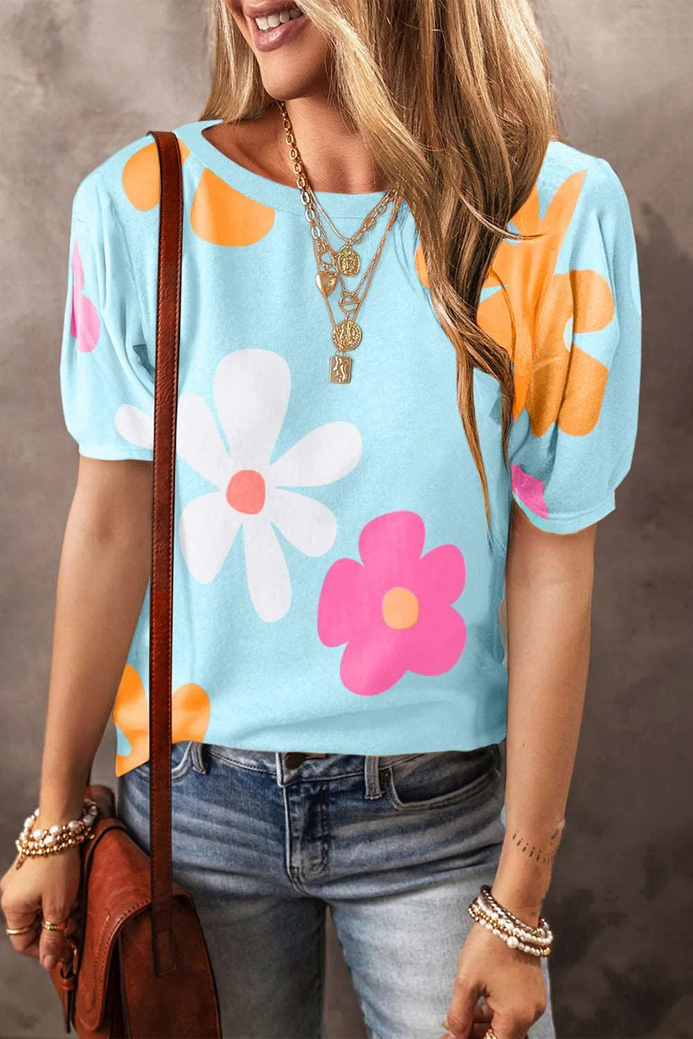 Colorful Flower Print Bubble Sleeve Tee – A Blooming Burst of Style