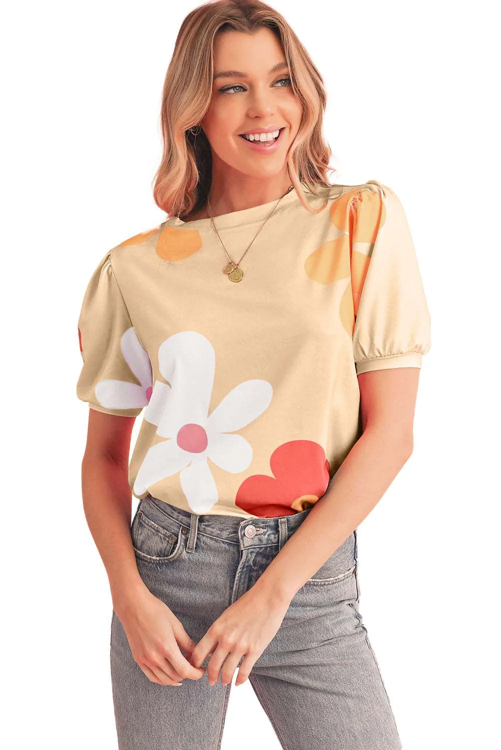 Colorful Flower Print Bubble Sleeve Tee – A Blooming Burst of Style