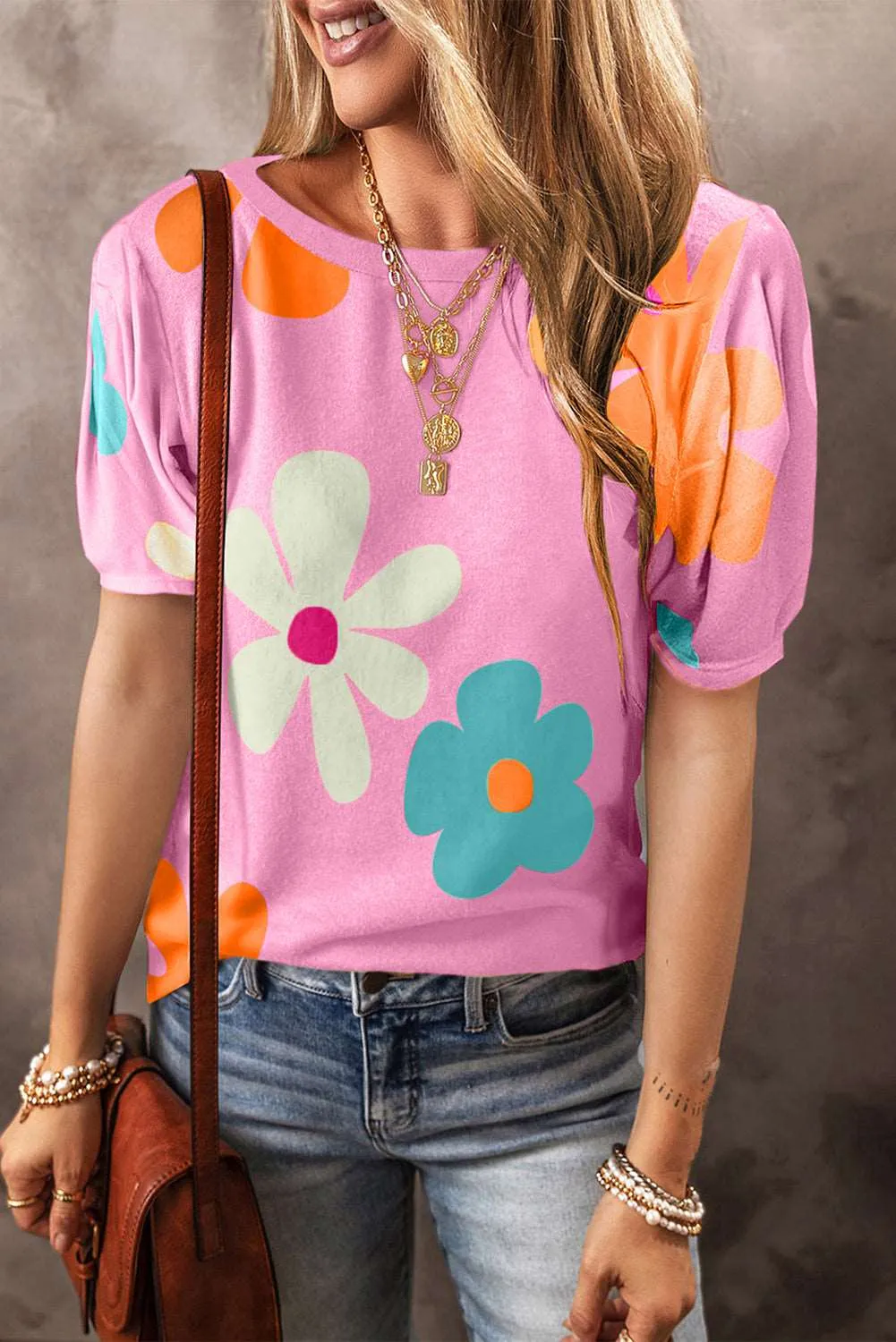 Colorful Flower Print Bubble Sleeve Tee – A Blooming Burst of Style