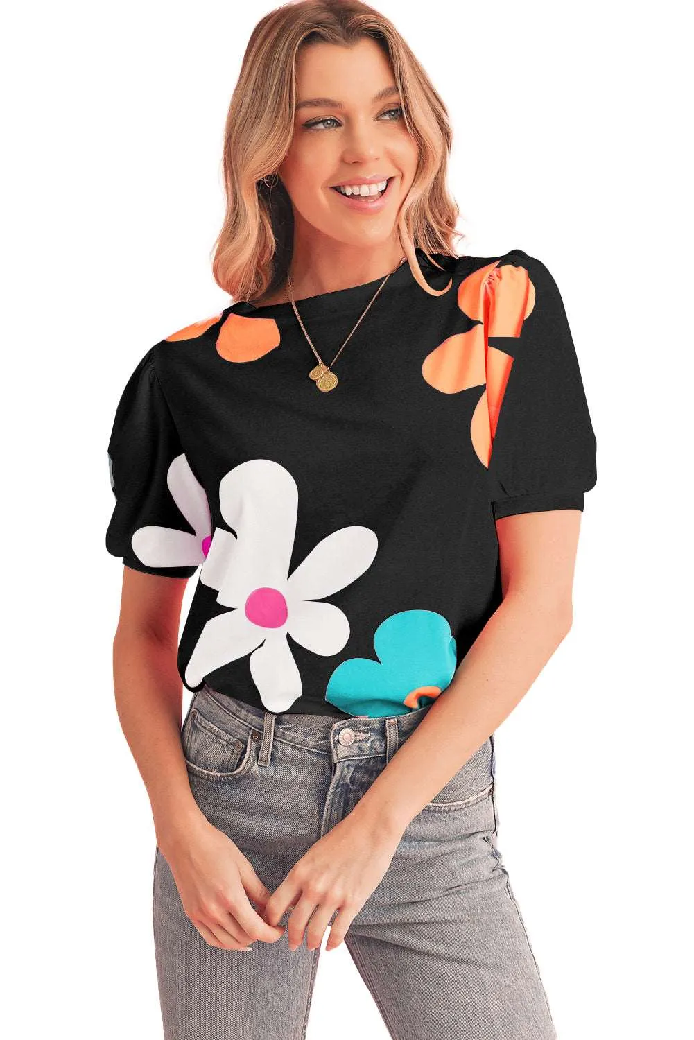 Colorful Flower Print Bubble Sleeve Tee – A Blooming Burst of Style