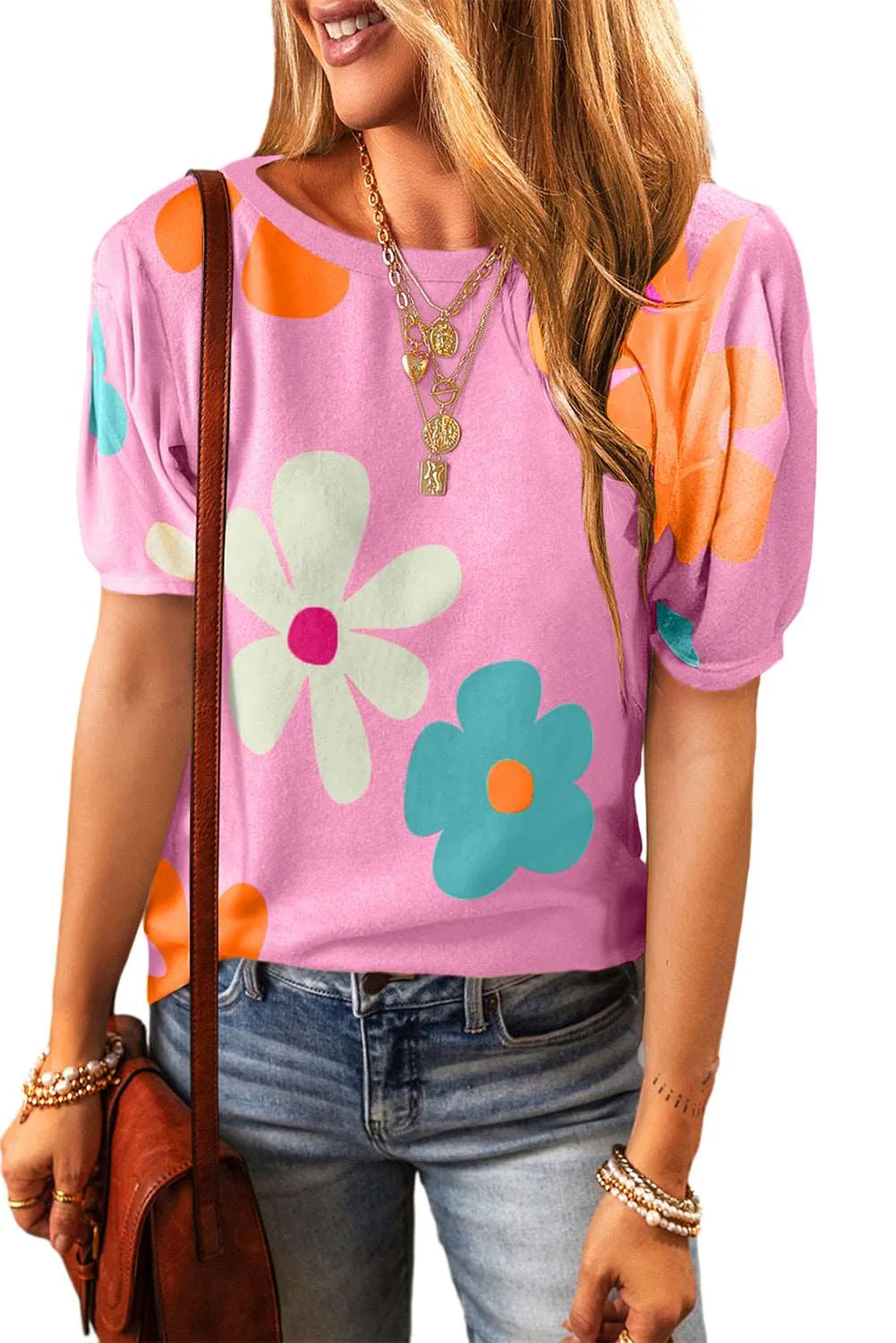 Colorful Flower Print Bubble Sleeve Tee – A Blooming Burst of Style