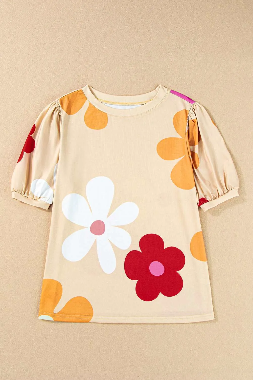 Colorful Flower Print Bubble Sleeve Tee – A Blooming Burst of Style