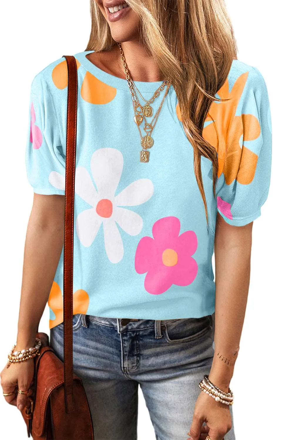 Colorful Flower Print Bubble Sleeve Tee – A Blooming Burst of Style