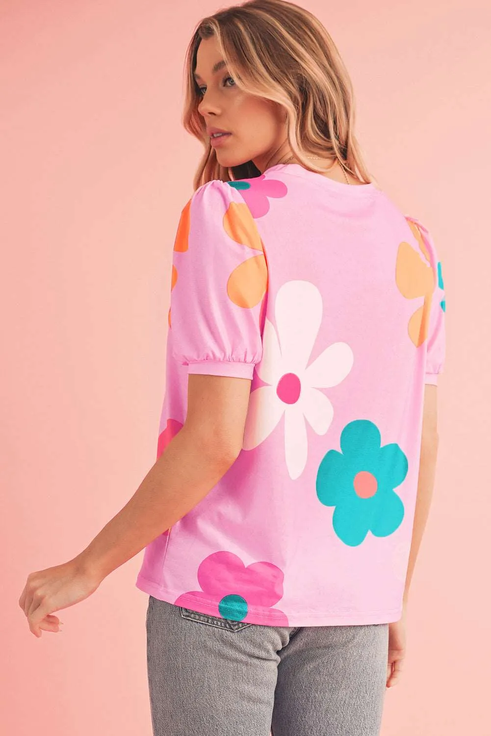 Colorful Flower Print Bubble Sleeve Tee – A Blooming Burst of Style