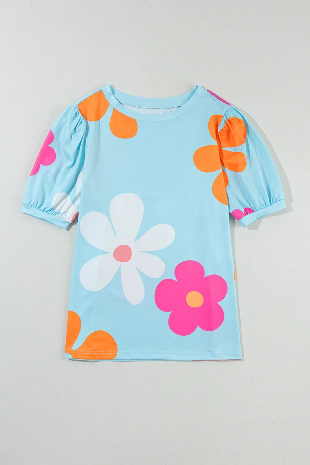 Colorful Flower Print Bubble Sleeve Tee – A Blooming Burst of Style