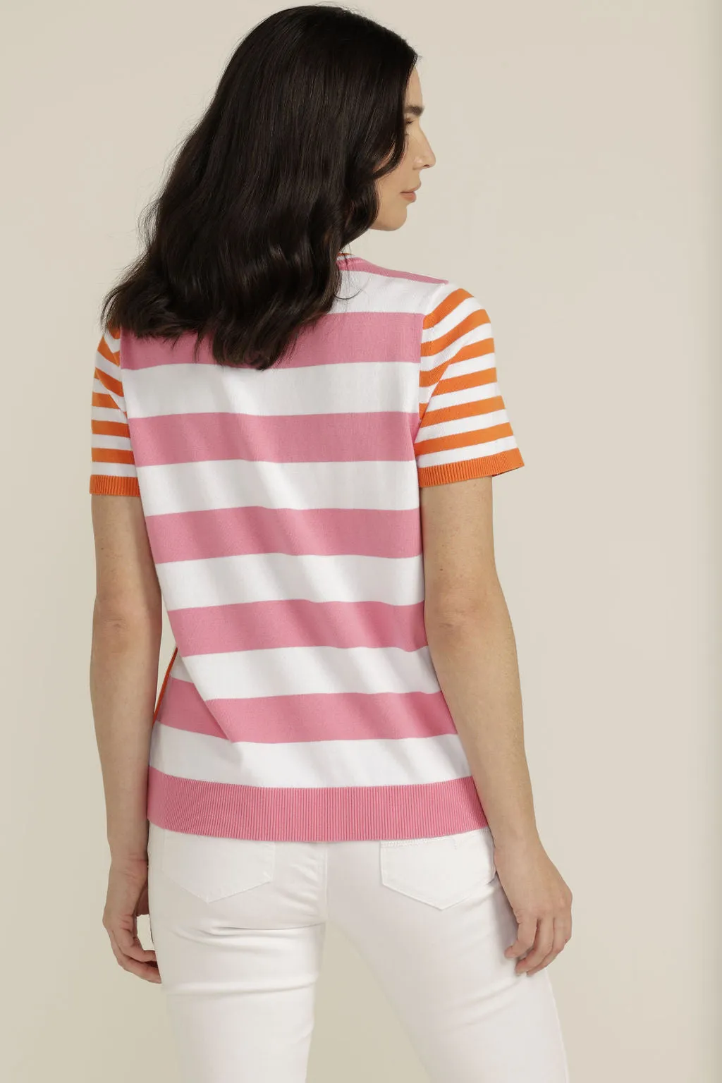 Cotton Multi Stripe Knit Top White/Pink/Orange