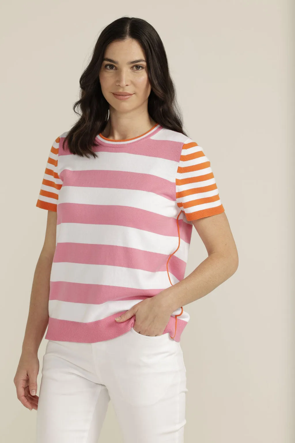 Cotton Multi Stripe Knit Top White/Pink/Orange