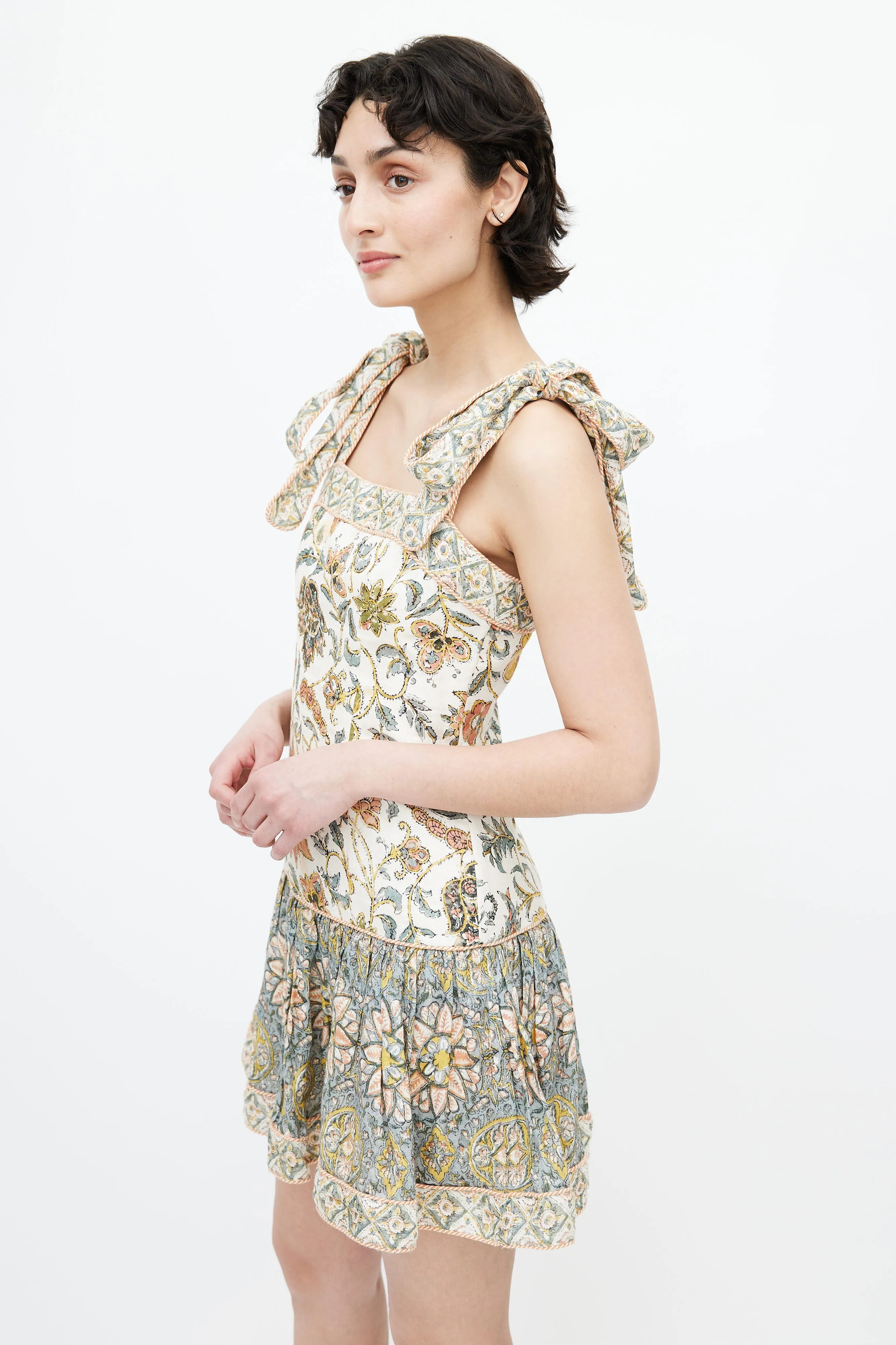 Cream & Multicolour Floral Knotted Dress